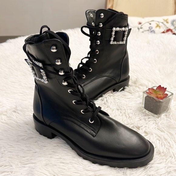 NEW $770 Stuart Weitzman Pearl Ankle Buckle Combat black leather boot women Sz 6 - Picture 4 of 9
